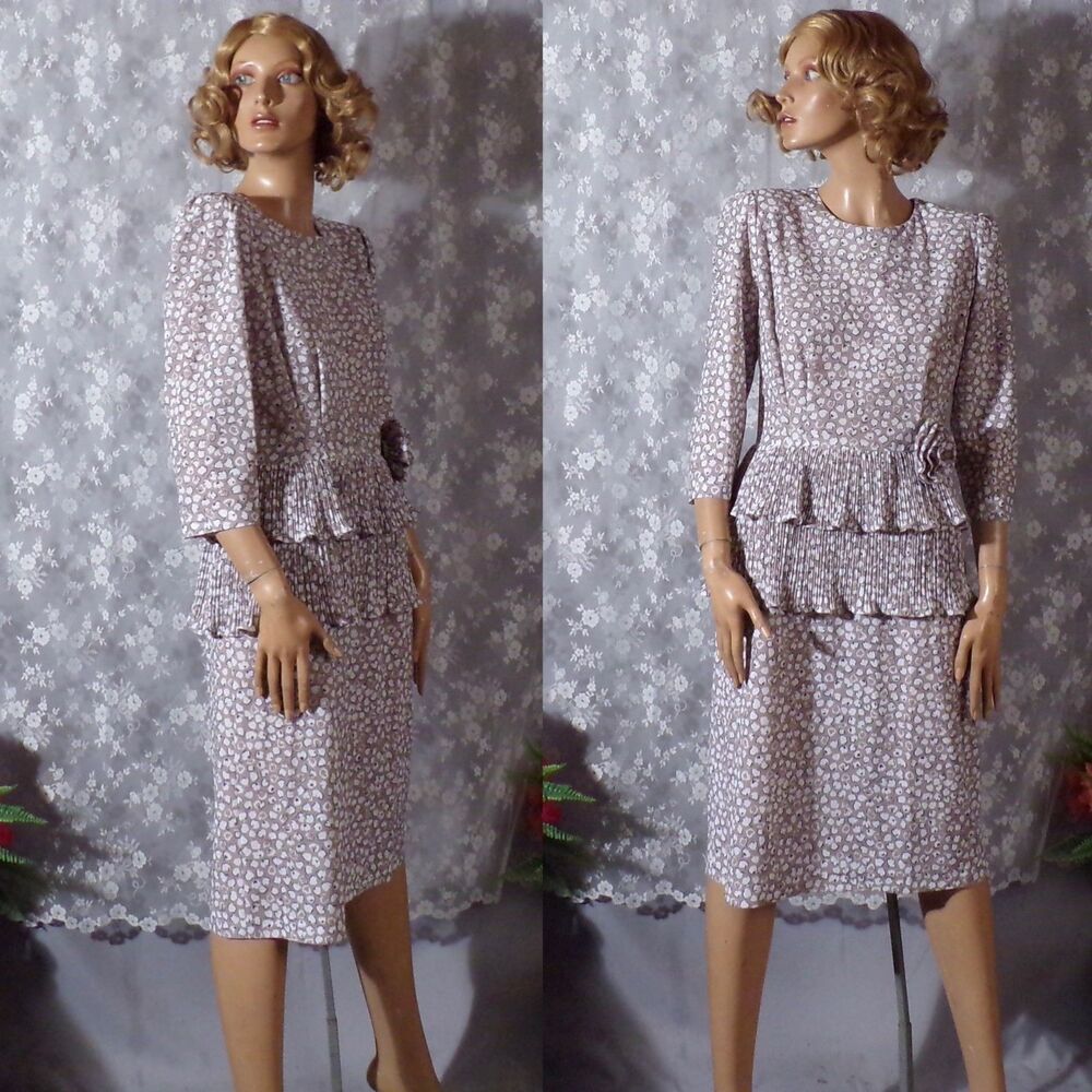 Vintage 80s Floral Dress Size Medium 1980s Retro Secretary Pleated Peplum